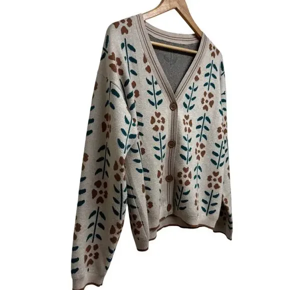 Botanical Floral Knit Cardigan Sweater Button Front Beige Green Size M - Picture 4 of 7